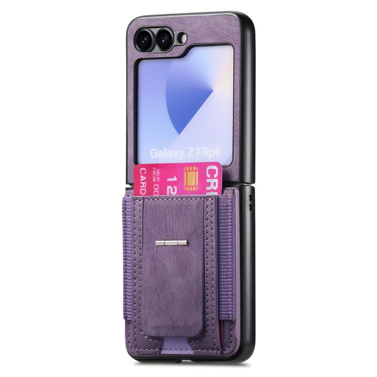 Funda de cuero retro plegable con soporte y tarjetero elástico para Samsung Galaxy Z Flip5 5G (morado)