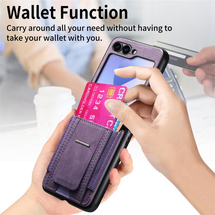 Funda de cuero retro plegable con soporte y tarjetero elástico para Samsung Galaxy Z Flip5 5G (morado)