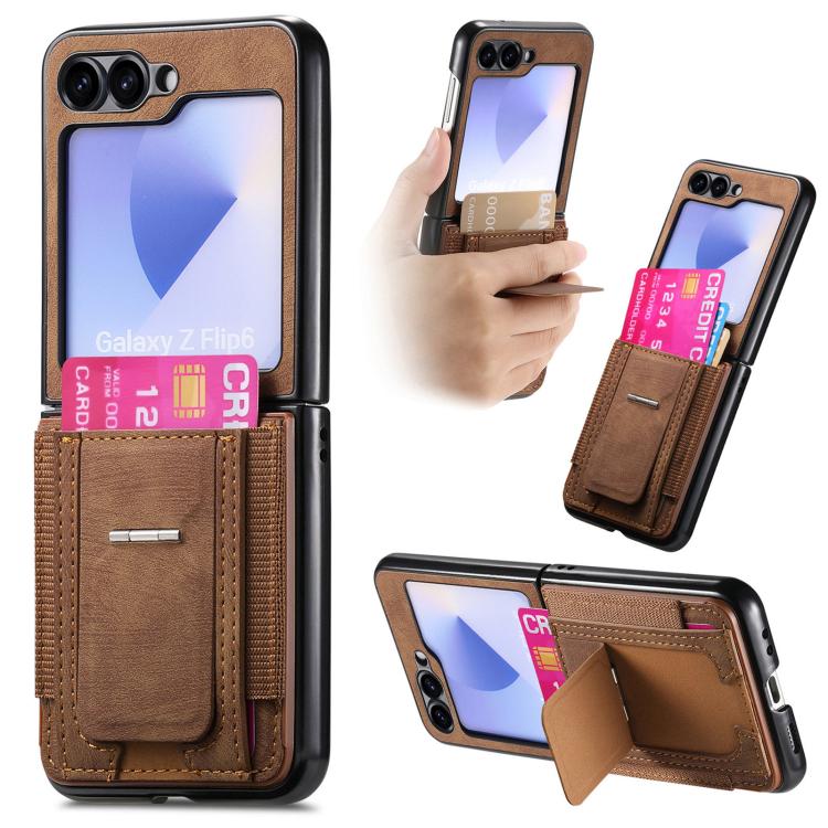 Funda de cuero retro plegable con soporte y tarjetero elástico para Samsung Galaxy Z Flip6 5G (marrón)
