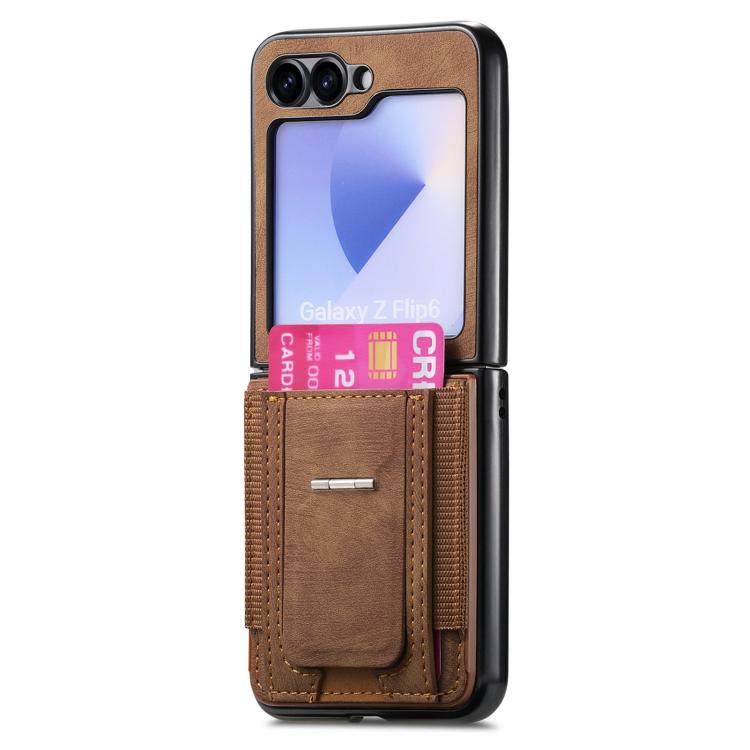 Funda de cuero retro plegable con soporte y tarjetero elástico para Samsung Galaxy Z Flip6 5G (marrón)