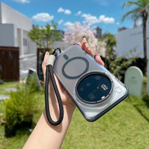 Funda híbrida de TPU acrílico transparente de dos colores con MagSafe y correa para Xiaomi 15 Ultra (negra)