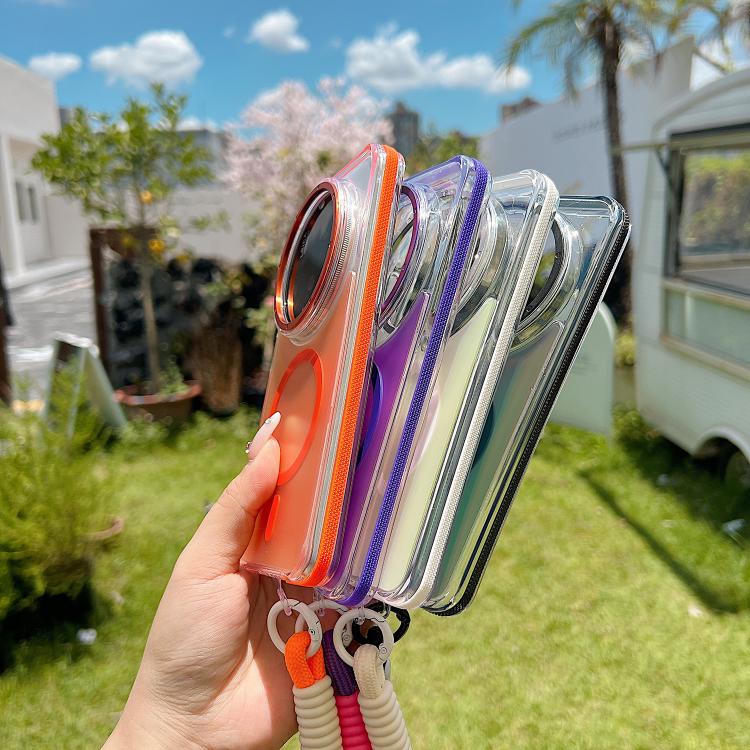 Funda híbrida de TPU acrílico transparente de dos colores con MagSafe y correa para Xiaomi 15 Ultra (negra)