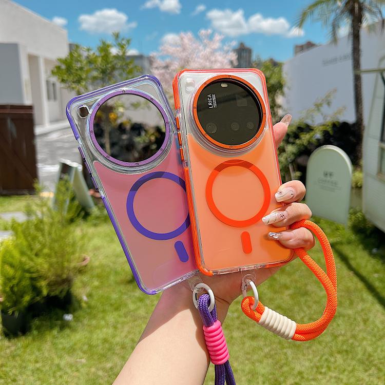 Funda híbrida de TPU acrílico transparente de dos colores con MagSafe y correa para Xiaomi 15 Ultra (negra)
