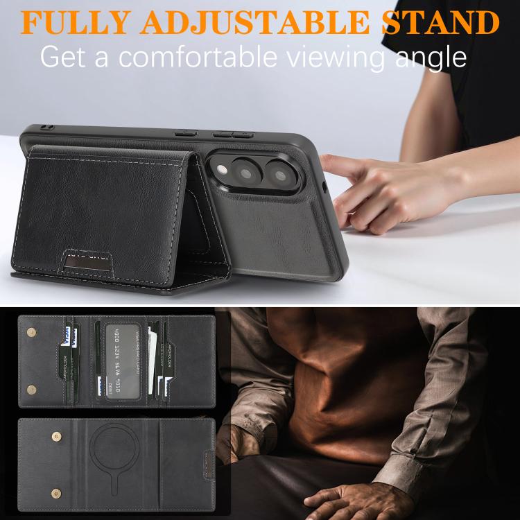 Funda de cuero plegable triple con imán fuerte MagSafe para Samsung Galaxy S25 Edge 5G (negro)