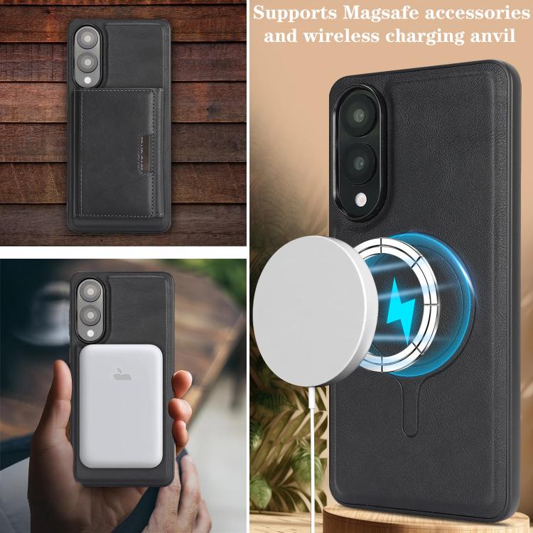 Funda de cuero plegable triple con imán fuerte MagSafe para Samsung Galaxy S25 Edge 5G (negro)