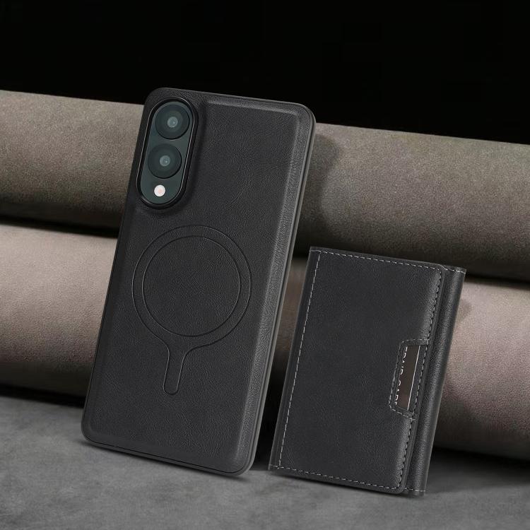 Funda de cuero plegable triple con imán fuerte MagSafe para Samsung Galaxy S25 Edge 5G (negro)
