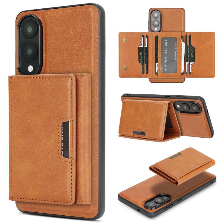 Funda de cuero plegable triple Kalebol con imán fuerte MagSafe para Samsung Galaxy S25 Edge 5G (marrón)