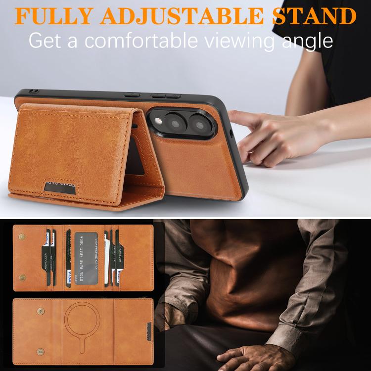 Funda de cuero plegable triple Kalebol con imán fuerte MagSafe para Samsung Galaxy S25 Edge 5G (marrón)