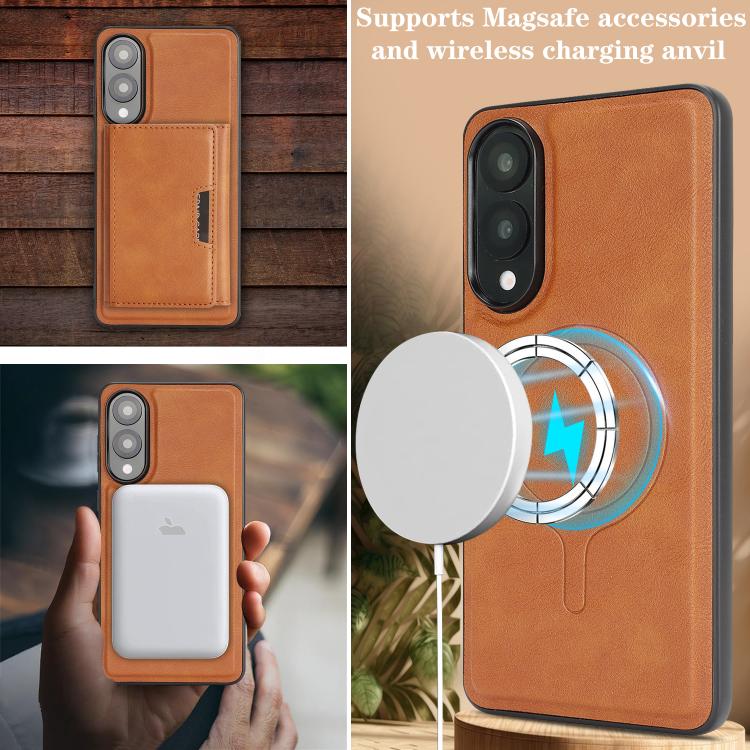 Funda de cuero plegable triple Kalebol con imán fuerte MagSafe para Samsung Galaxy S25 Edge 5G (marrón)