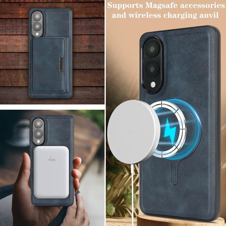 Funda de cuero plegable triple con imán fuerte MagSafe para Samsung Galaxy S25 Edge 5G (azul)