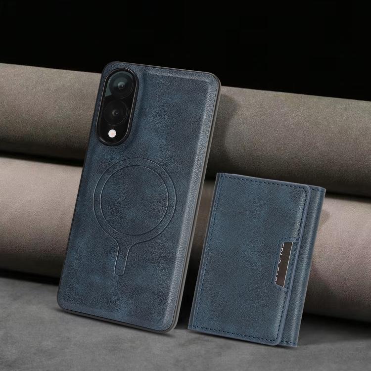 Funda de cuero plegable triple con imán fuerte MagSafe para Samsung Galaxy S25 Edge 5G (azul)