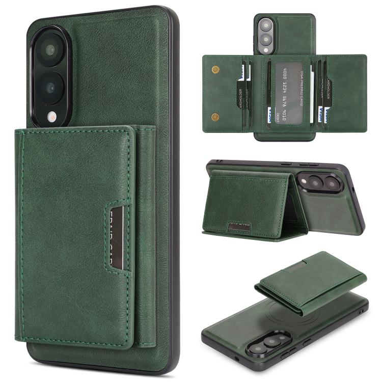 Funda de cuero plegable triple con imán fuerte MagSafe para Samsung Galaxy S25 Edge 5G (verde)