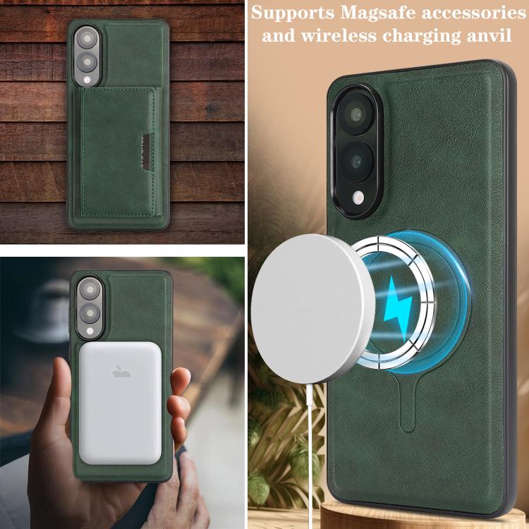 Funda de cuero plegable triple con imán fuerte MagSafe para Samsung Galaxy S25 Edge 5G (verde)