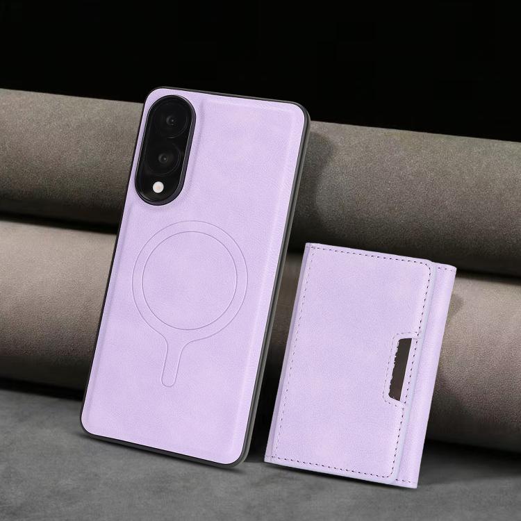 Funda de cuero plegable triple Kalebol con imán fuerte MagSafe para Samsung Galaxy S25 Edge 5G (morado)