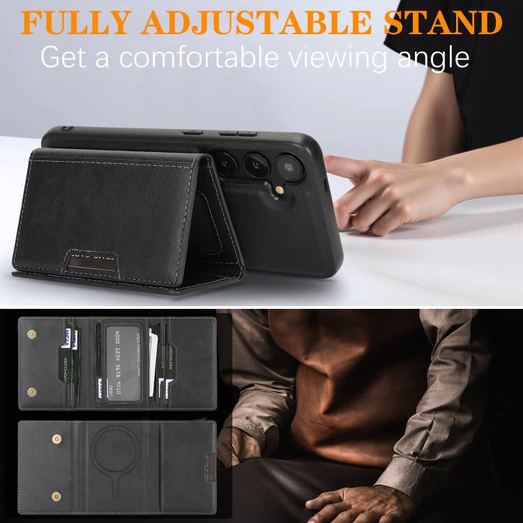Funda de cuero plegable triple Kalebol con imán fuerte MagSafe para Samsung Galaxy S25 5G (negra)