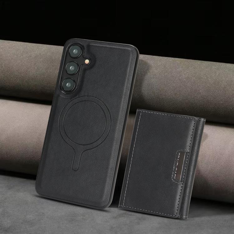 Funda de cuero plegable triple Kalebol con imán fuerte MagSafe para Samsung Galaxy S25 5G (negra)