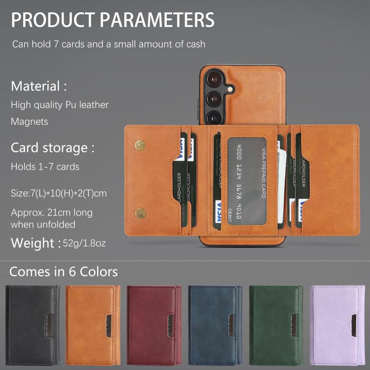 Funda de cuero plegable triple Kalebol con imán fuerte MagSafe para Samsung Galaxy S25 5G (marrón)