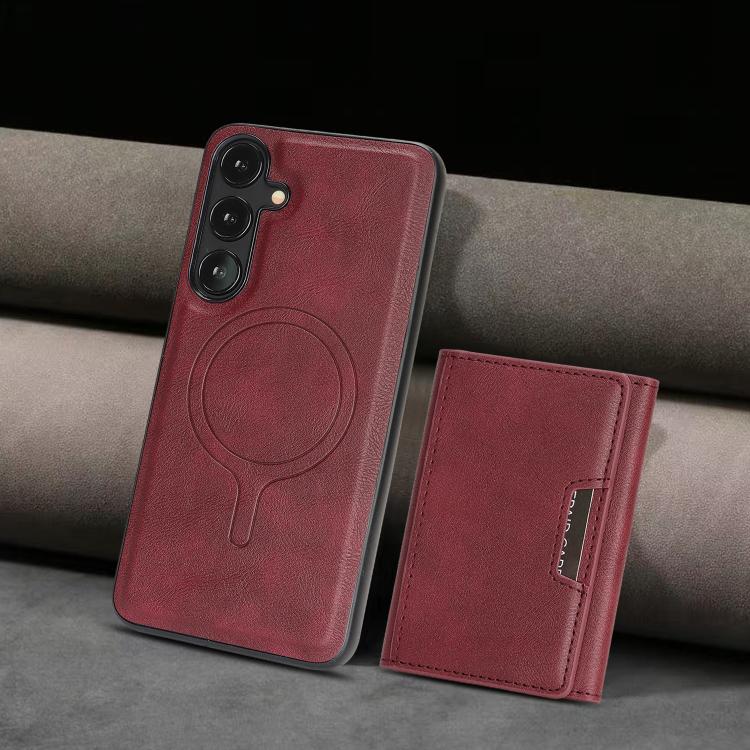 Funda de cuero plegable triple Kalebol con imán fuerte MagSafe para Samsung Galaxy S25 5G (roja)