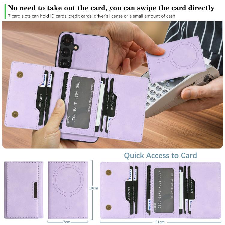 Funda de cuero plegable triple Kalebol con imán fuerte MagSafe para Samsung Galaxy S25 5G (morado)