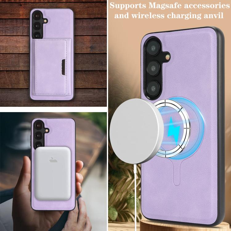 Funda de cuero plegable triple Kalebol con imán fuerte MagSafe para Samsung Galaxy S25 5G (morado)