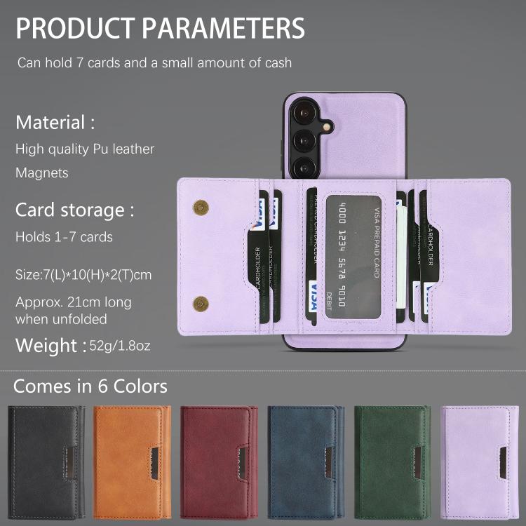 Funda de cuero plegable triple Kalebol con imán fuerte MagSafe para Samsung Galaxy S25 5G (morado)