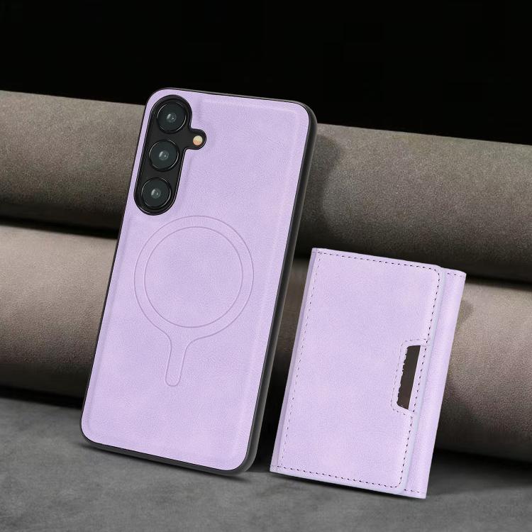 Funda de cuero plegable triple Kalebol con imán fuerte MagSafe para Samsung Galaxy S25 5G (morado)