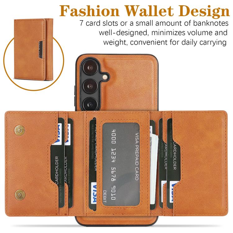 Funda de cuero plegable triple Kalebol con imán fuerte MagSafe para Samsung Galaxy S25+ 5G (marrón)
