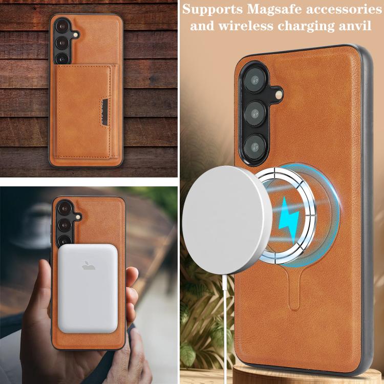 Funda de cuero plegable triple Kalebol con imán fuerte MagSafe para Samsung Galaxy S25+ 5G (marrón)
