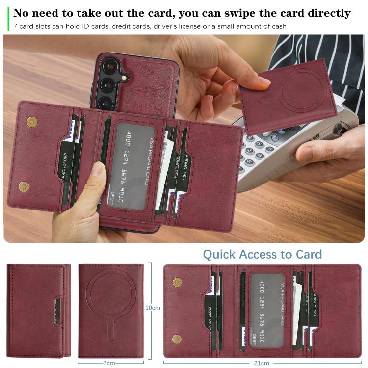 Funda de cuero plegable triple Kalebol con imán fuerte MagSafe para Samsung Galaxy S25+ 5G (roja)