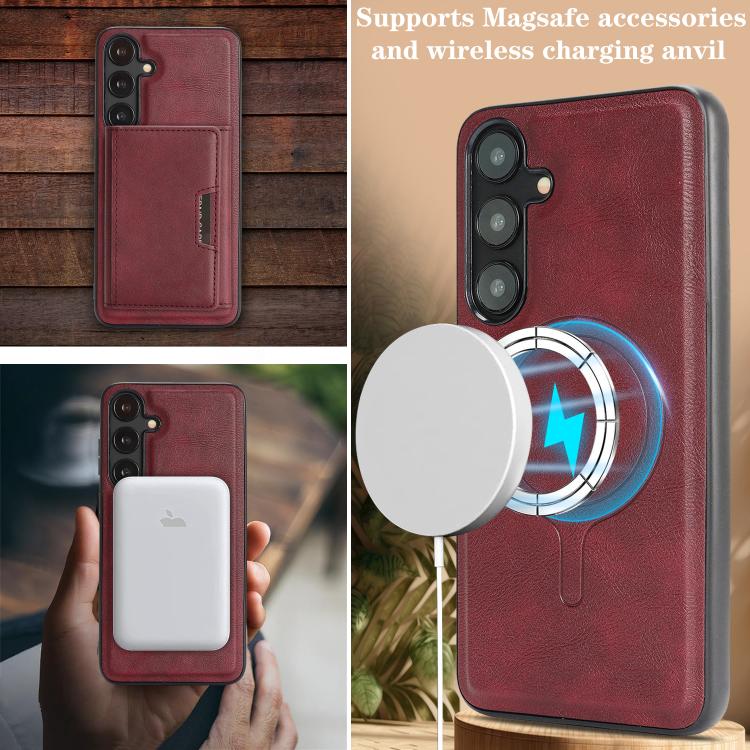 Funda de cuero plegable triple Kalebol con imán fuerte MagSafe para Samsung Galaxy S25+ 5G (roja)