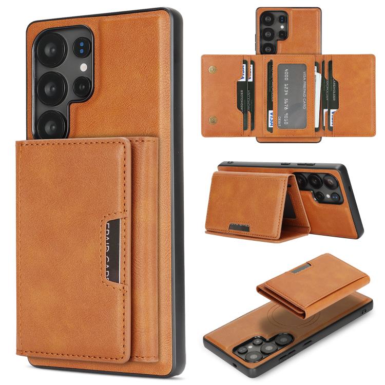 Funda de cuero plegable triple Kalebol con imán fuerte MagSafe para Samsung Galaxy S25 Ultra 5G (marrón)