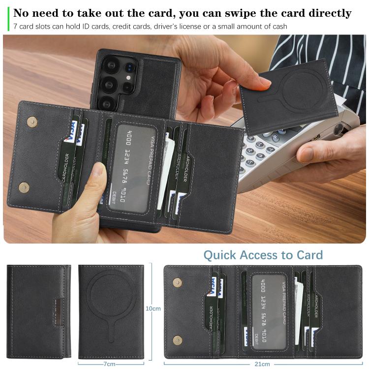 Funda de cuero plegable triple Kalebol con imán fuerte MagSafe para Samsung Galaxy S24 Ultra 5G (negro)