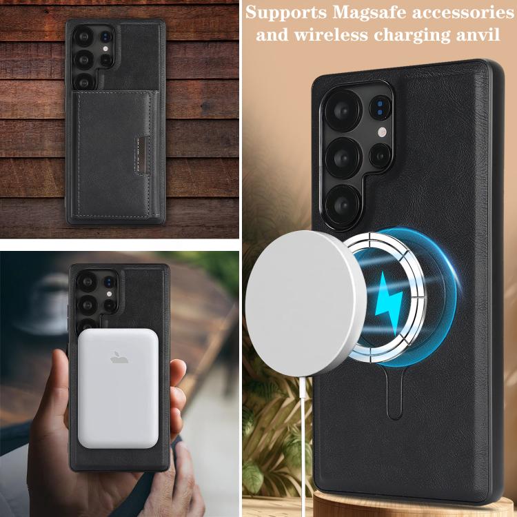 Funda de cuero plegable triple Kalebol con imán fuerte MagSafe para Samsung Galaxy S24 Ultra 5G (negro)