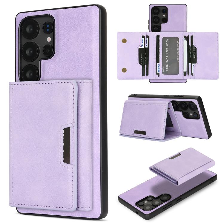 Funda de cuero plegable triple Kalebol con imán fuerte MagSafe para Samsung Galaxy S24 Ultra 5G (morado)