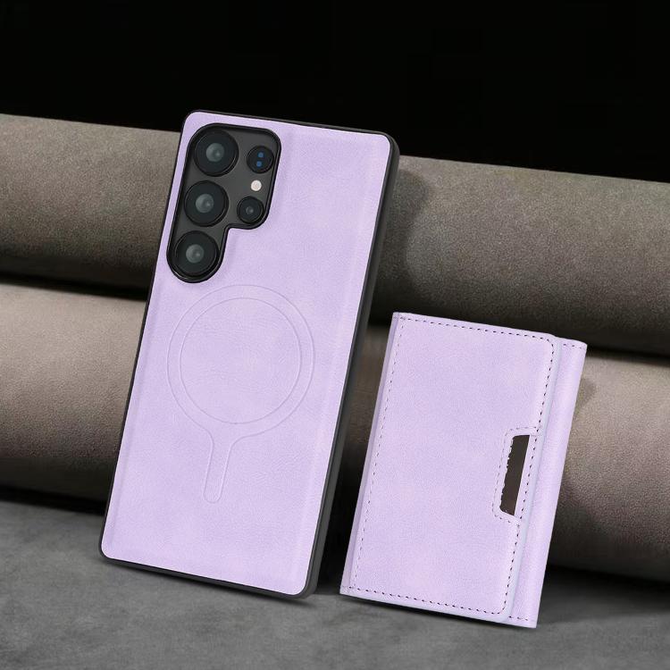 Funda de cuero plegable triple Kalebol con imán fuerte MagSafe para Samsung Galaxy S24 Ultra 5G (morado)