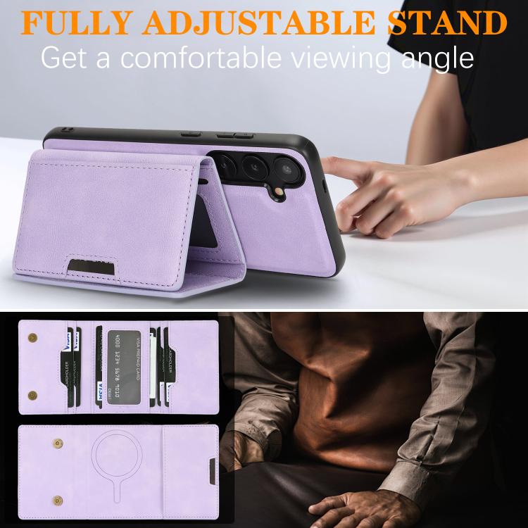 Funda de cuero plegable triple Kalebol con imán fuerte MagSafe para Samsung Galaxy S24+ 5G (morado)