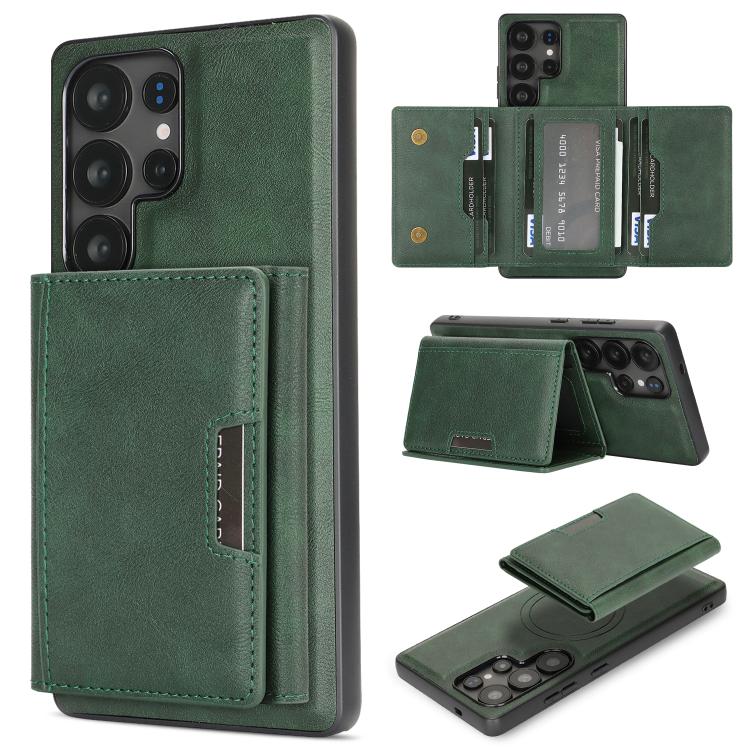 Funda de cuero plegable triple con imán fuerte MagSafe para Samsung Galaxy S23 Ultra 5G (verde)