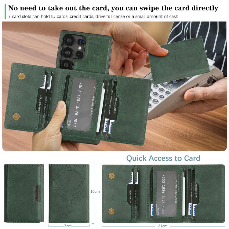 Funda de cuero plegable triple con imán fuerte MagSafe para Samsung Galaxy S23 Ultra 5G (verde)