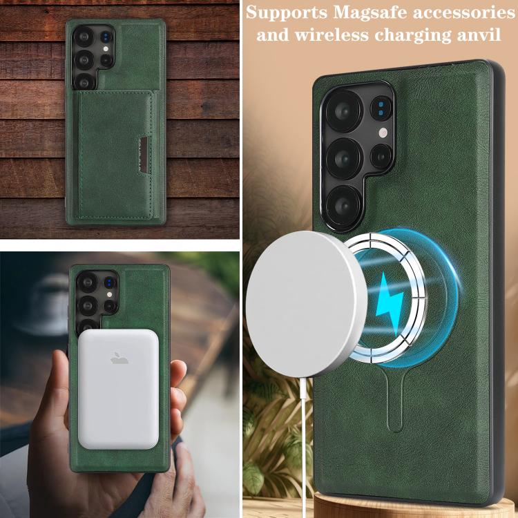 Funda de cuero plegable triple con imán fuerte MagSafe para Samsung Galaxy S23 Ultra 5G (verde)