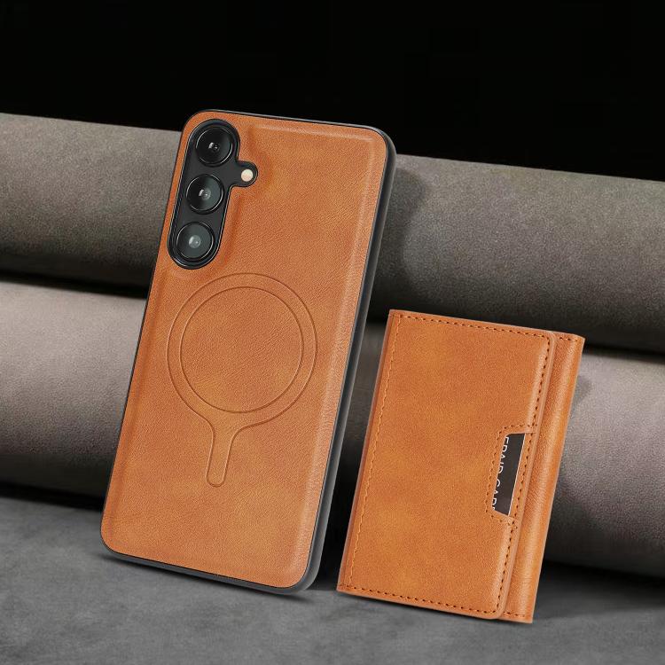 Funda de cuero plegable triple Kalebol con imán fuerte MagSafe para Samsung Galaxy S23+ 5G (marrón)