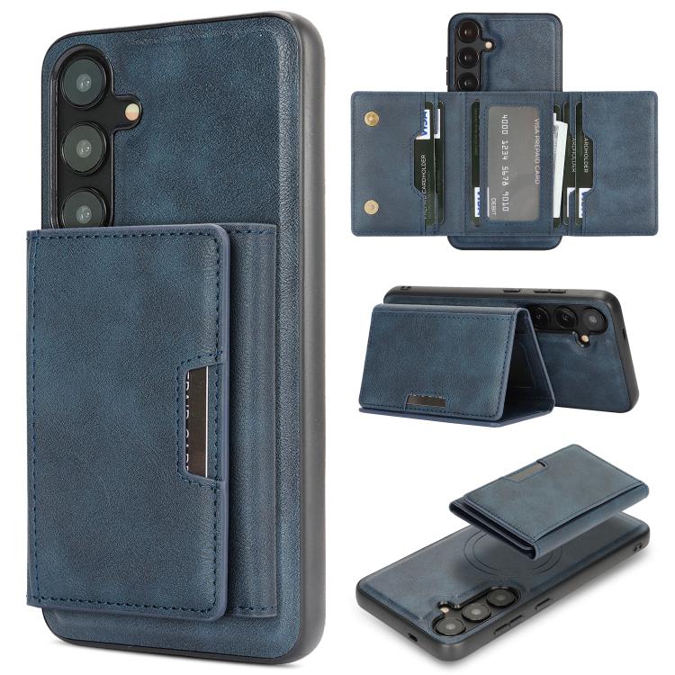 Funda de cuero plegable triple Kalebol con imán fuerte MagSafe para Samsung Galaxy S23+ 5G (azul)
