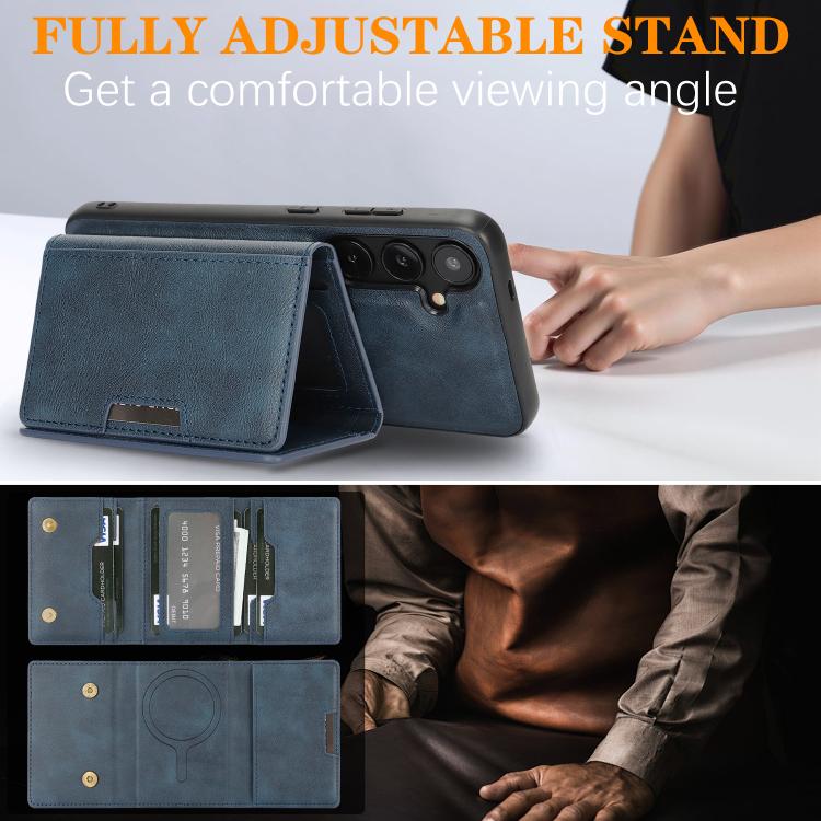 Funda de cuero plegable triple Kalebol con imán fuerte MagSafe para Samsung Galaxy S23+ 5G (azul)