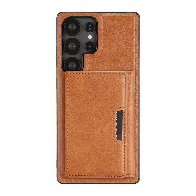 Funda de cuero plegable triple con imán fuerte MagSafe para Samsung Galaxy S22 Ultra 5G (marrón)