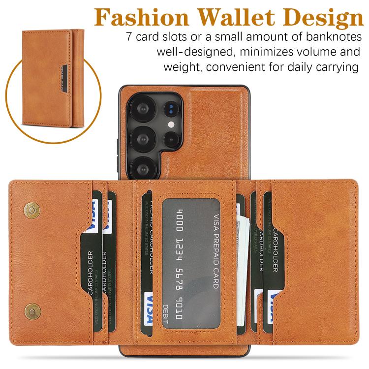 Funda de cuero plegable triple con imán fuerte MagSafe para Samsung Galaxy S22 Ultra 5G (marrón)