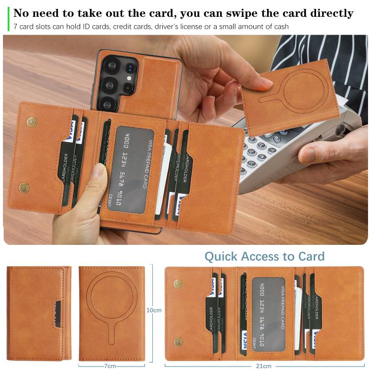 Funda de cuero plegable triple con imán fuerte MagSafe para Samsung Galaxy S22 Ultra 5G (marrón)