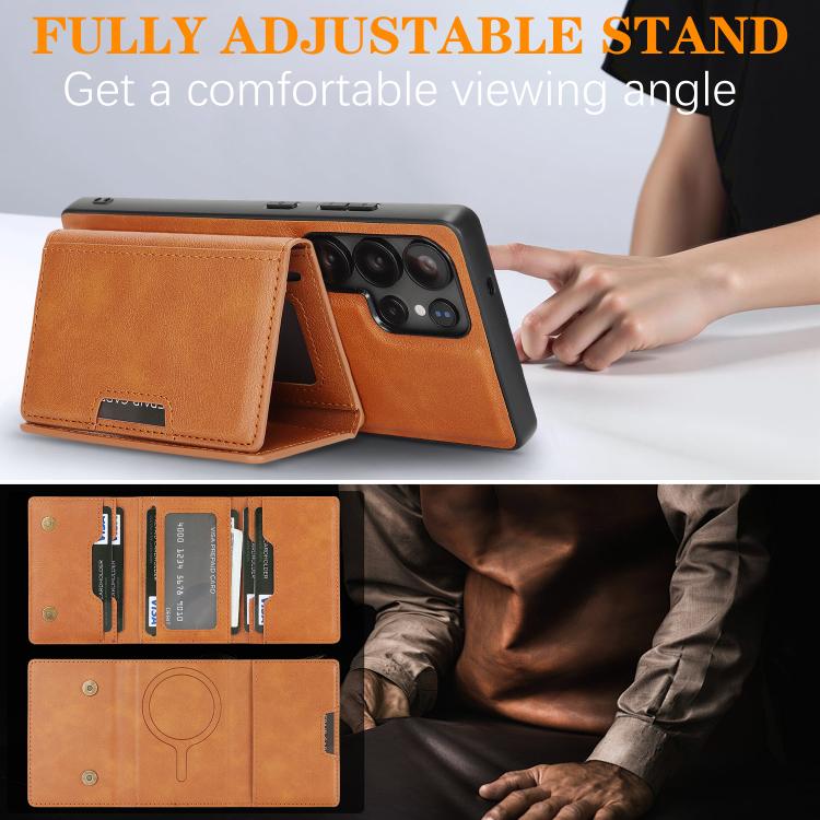 Funda de cuero plegable triple con imán fuerte MagSafe para Samsung Galaxy S22 Ultra 5G (marrón)