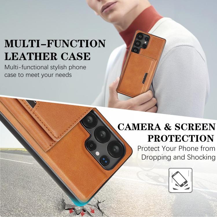 Funda de cuero plegable triple con imán fuerte MagSafe para Samsung Galaxy S22 Ultra 5G (marrón)