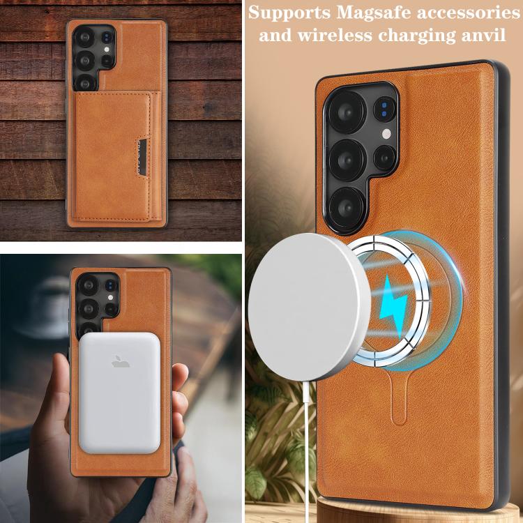 Funda de cuero plegable triple con imán fuerte MagSafe para Samsung Galaxy S22 Ultra 5G (marrón)