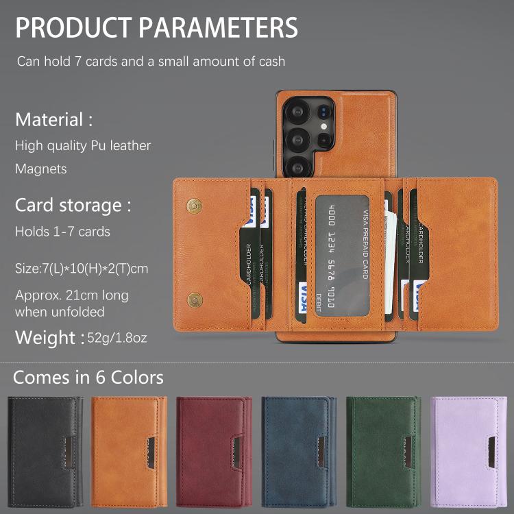 Funda de cuero plegable triple con imán fuerte MagSafe para Samsung Galaxy S22 Ultra 5G (marrón)