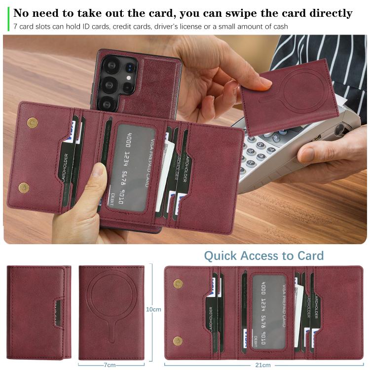 Funda de cuero plegable triple con imán fuerte MagSafe para Samsung Galaxy S22 Ultra 5G (rojo)